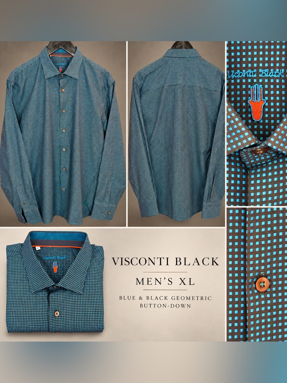 Visconti Black Men’s XL Button Down Shirt Blue Black Geometric Check Long Sleeve